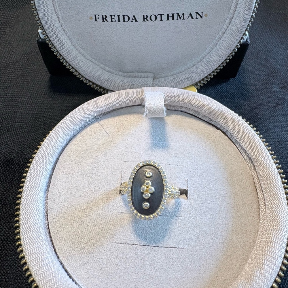 Freida Rothman Gunmetal and Gold Signature Oval Ring LIKE NEW Size 8